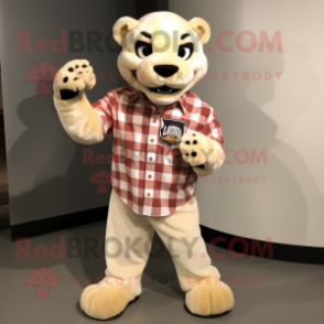 Cream Panther mascot costume character dressed with a Flannel Shirt and Lapel pins