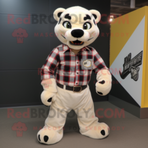 Cream Panther mascot costume character dressed with a Flannel Shirt and Lapel pins
