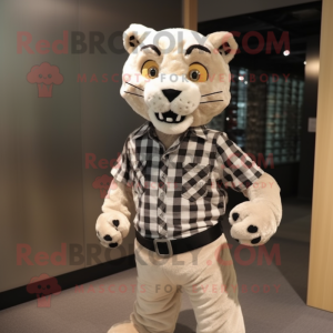 Cream Panther mascot costume character dressed with a Flannel Shirt and Lapel pins