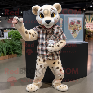 Cream Panther mascot costume character dressed with a Flannel Shirt and Lapel pins