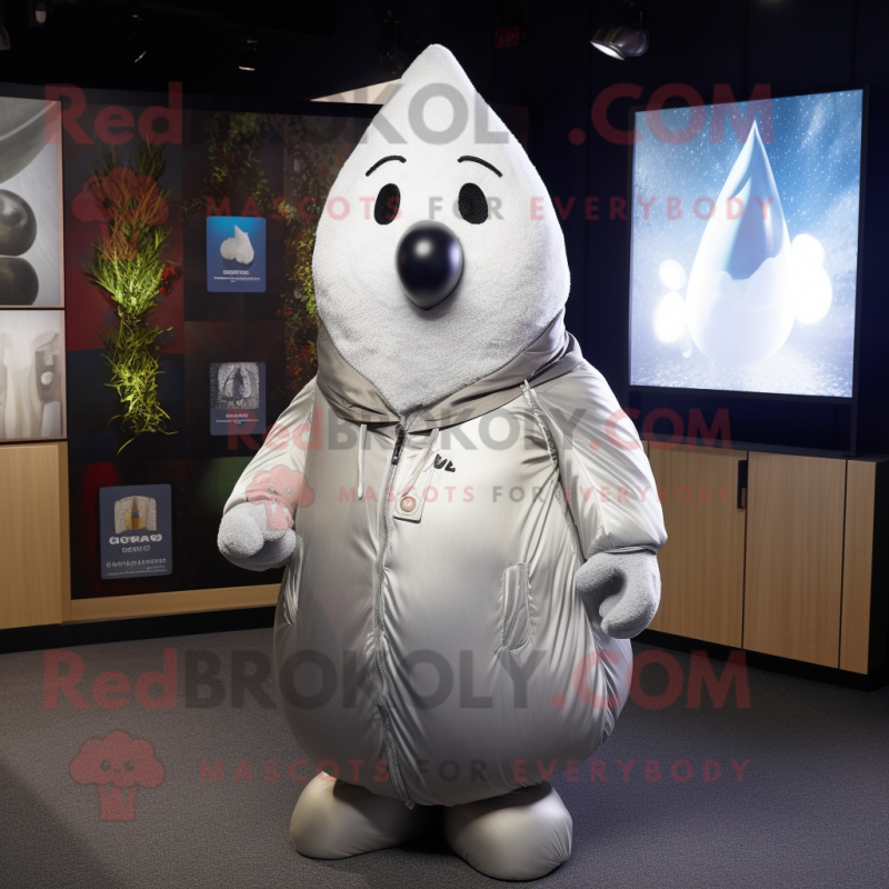 Silver Pear mascot costume character dressed with a Bomber Jacket and Shawls