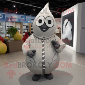 Silver Pear mascot costume character dressed with a Bomber Jacket and Shawls
