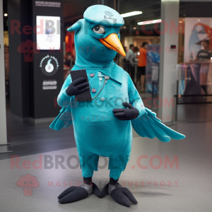 Turquoise Parrot mascot costume character dressed with a Jeggings and Tote  bags - Mascot Costumes -  Sizes L (175-180CM)