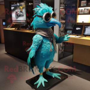 Turquoise Crow mascot costume character dressed with a Jeggings and Keychains