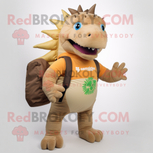 Tan Stegosaurus mascot costume character dressed with a Jeggings and Backpacks