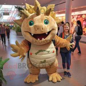 Tan Stegosaurus mascot costume character dressed with a Jeggings and Backpacks