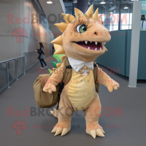 Tan Stegosaurus mascot costume character dressed with a Jeggings and Backpacks