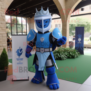 Blue Medieval Knight mascot costume character dressed with a Flare Jeans and Backpacks