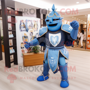 Blue Medieval Knight mascot costume character dressed with a Flare Jeans and Backpacks