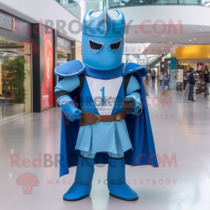 Blue Medieval Knight mascot costume character dressed with a Flare Jeans and Backpacks