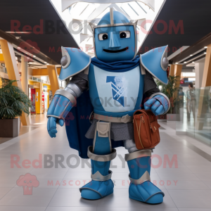 Blue Medieval Knight mascot costume character dressed with a Flare Jeans and Backpacks