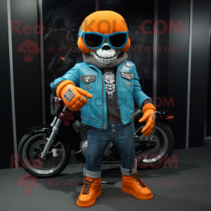 Cyan Orange mascot costume character dressed with a Biker Jacket and Bracelet watches