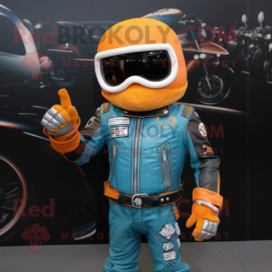Cyan Orange mascot costume character dressed with a Biker Jacket and Bracelet watches
