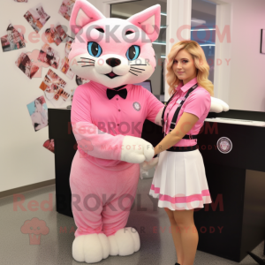 Pink Bobcat mascot costume character dressed with a Pencil Skirt and Hair clips