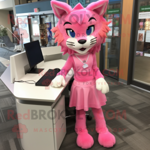 Pink Bobcat mascot costume character dressed with a Pencil Skirt and Hair clips