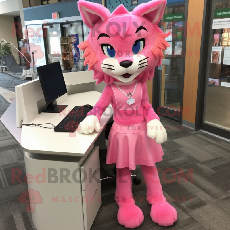 Pink Bobcat mascot costume character dressed with a Pencil Skirt and Hair clips Pink Bobcat mascot costume character dressed with a Pencil Skirt and Hair clips