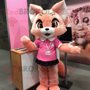 Pink Bobcat mascot costume character dressed with a Pencil Skirt and Hair clips