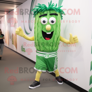 Green Pesto Pasta mascot costume character dressed with a Shorts and Bracelets