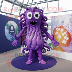 Purple Medusa mascot costume character dressed with a One-Piece Swimsuit and Wraps