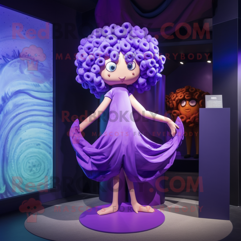 Purple Medusa mascot costume character dressed with a One-Piece Swimsuit and Wraps