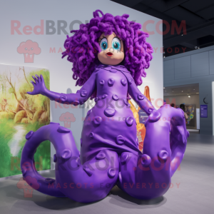 Purple Medusa mascot costume character dressed with a One-Piece Swimsuit and Wraps