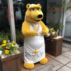 Yellow Beaver mascot costume character dressed with a Wedding Dress and Necklaces