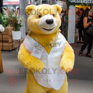Yellow Beaver mascot costume character dressed with a Wedding Dress and Necklaces