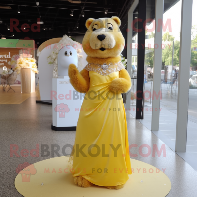 Yellow Beaver mascot costume character dressed with a Wedding Dress and Necklaces