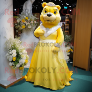 Yellow Beaver mascot costume character dressed with a Wedding Dress and Necklaces