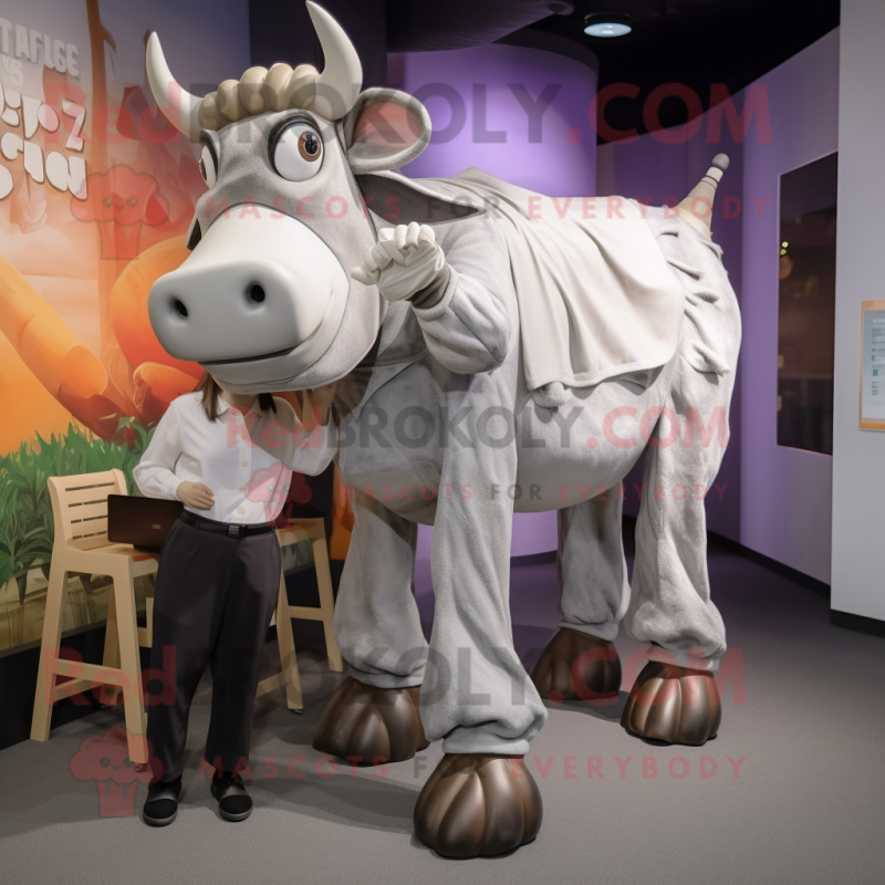 Silver Zebu mascot costume character dressed with a Culottes and Watches Silver Zebu mascot costume character dressed with a Culottes and Watches