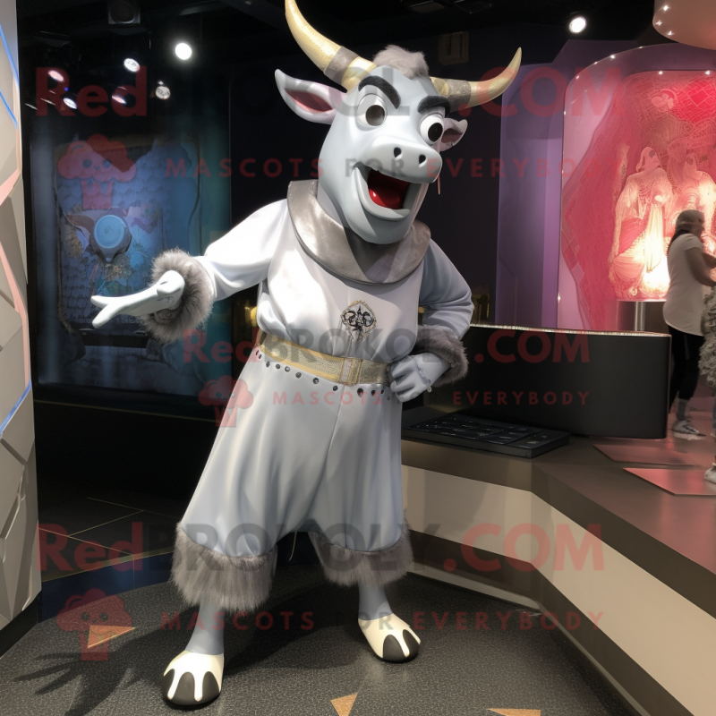 Silver Zebu mascot costume character dressed with a Culottes and Watches