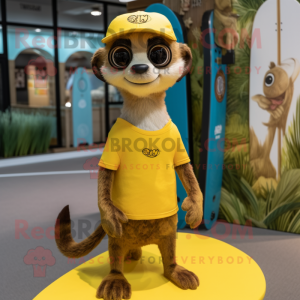 Lemon Yellow Meerkat mascot costume character dressed with a Board Shorts and Caps