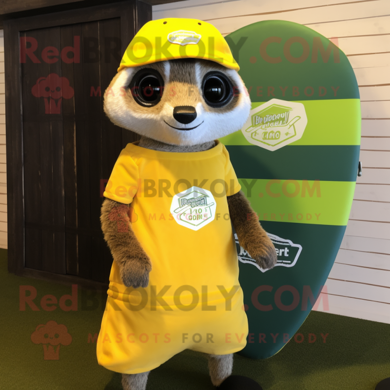 Lemon Yellow Meerkat mascot costume character dressed with a Board Shorts and Caps