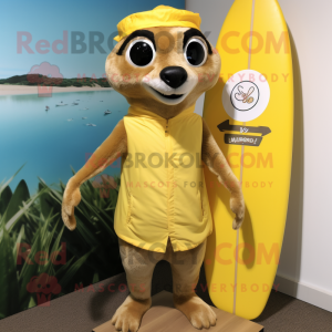 Lemon Yellow Meerkat mascot costume character dressed with a Board Shorts and Caps