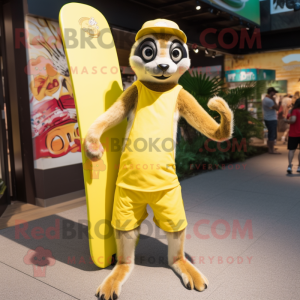 Lemon Yellow Meerkat mascot costume character dressed with a Board Shorts and Caps