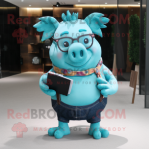 Turquoise Pig mascot costume character dressed with a Shorts and Reading glasses