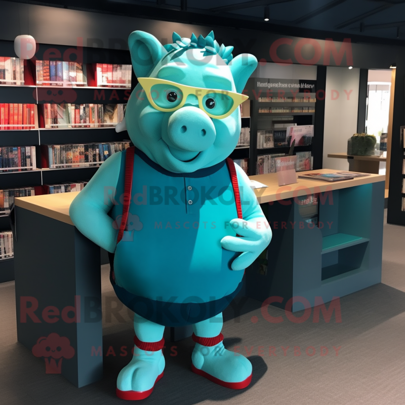 Turquoise Pig mascot costume character dressed with a Shorts and Reading glasses