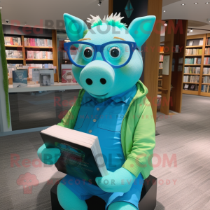 Turquoise Pig mascot costume character dressed with a Shorts and Reading glasses