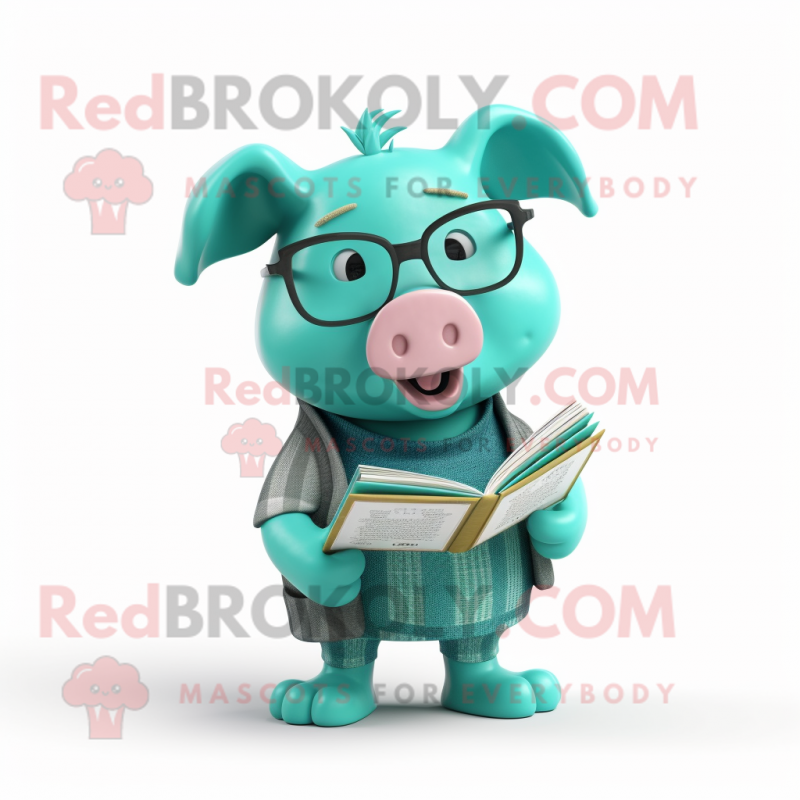 Turquoise Pig mascot costume character dressed with a Shorts and Reading glasses