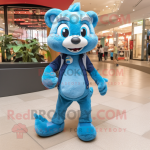 Blue Mongoose mascot costume character dressed with a Skinny Jeans and Shoe laces