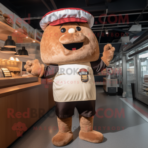 Brown Steak mascot costume character dressed with a Shorts and Berets