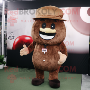 Brown Steak mascot costume character dressed with a Shorts and Berets