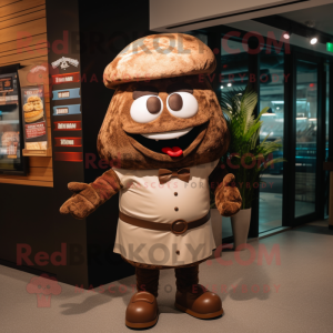 Brown Steak mascot costume character dressed with a Shorts and Berets