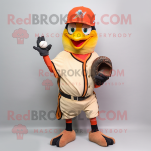 Peach Woodpecker mascot costume character dressed with a Baseball Tee and Brooches