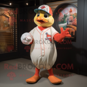 Peach Woodpecker mascot costume character dressed with a Baseball Tee and Brooches