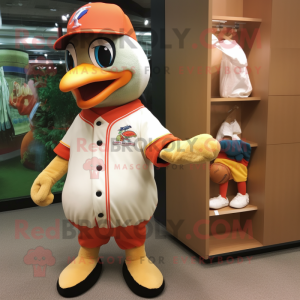 Peach Woodpecker mascot costume character dressed with a Baseball Tee and Brooches