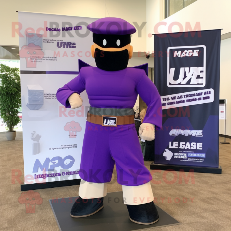 Purple Gi Joe mascot costume character dressed with a Maxi Skirt and Belts Purple Gi Joe mascot costume character dressed with a Maxi Skirt and Belts