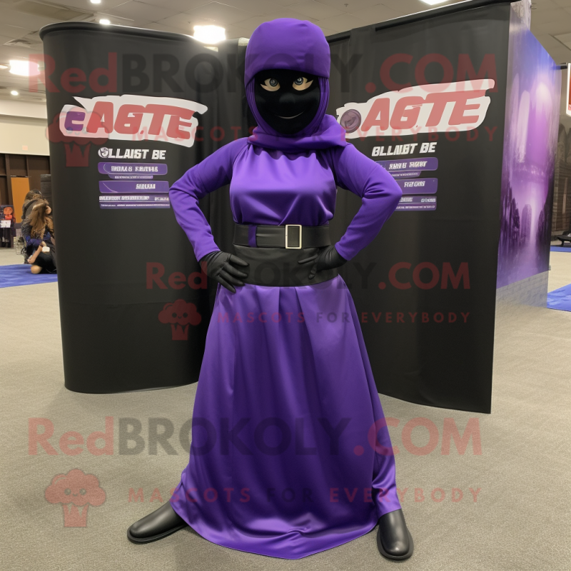 Purple Gi Joe mascot costume character dressed with a Maxi Skirt and Belts Purple Gi Joe mascot costume character dressed with a Maxi Skirt and Belts