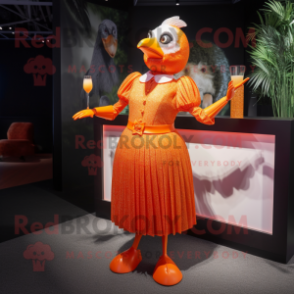 Orange Quail mascot costume character dressed with a Cocktail Dress and Shoe clips