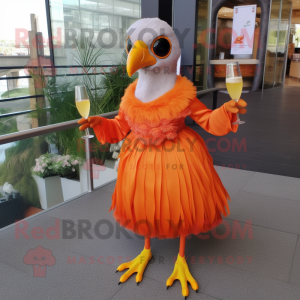 Orange Quail mascot costume character dressed with a Cocktail Dress and Shoe clips